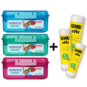 Lunch Tříkomorová krabička s nádobou na jogurt a 2 tácky 1,25 litru, mix barev + balení lepidel